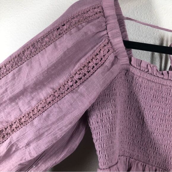 American Eagle Smocked Long Sleeve Purple Top Lace Boho Peasant Ruffle Medium - Picture 2 of 5